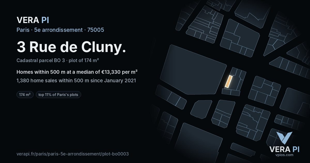 3 Rue de Cluny, 5e arrondissement at night – the plot lit, the parcels around coloured by the prices near them