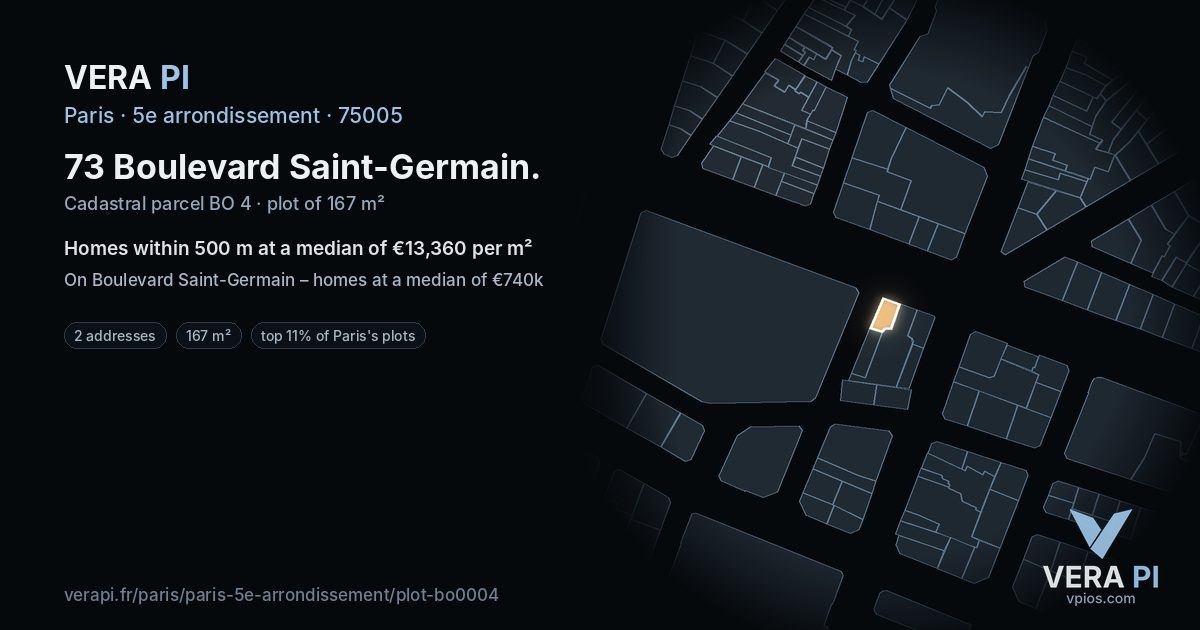 73 Boulevard Saint-Germain, 5e arrondissement at night – the plot lit, the parcels around coloured by the prices near them
