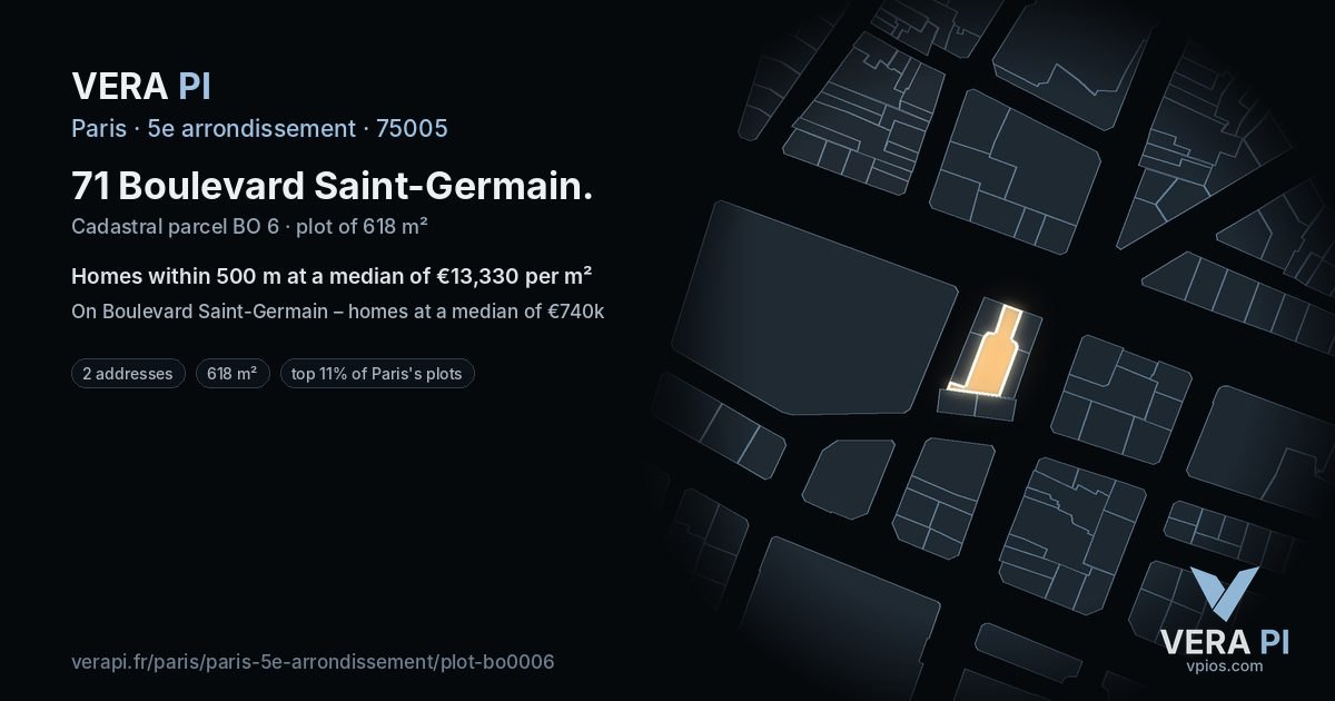 71 Boulevard Saint-Germain, 5e arrondissement at night – the plot lit, the parcels around coloured by the prices near them