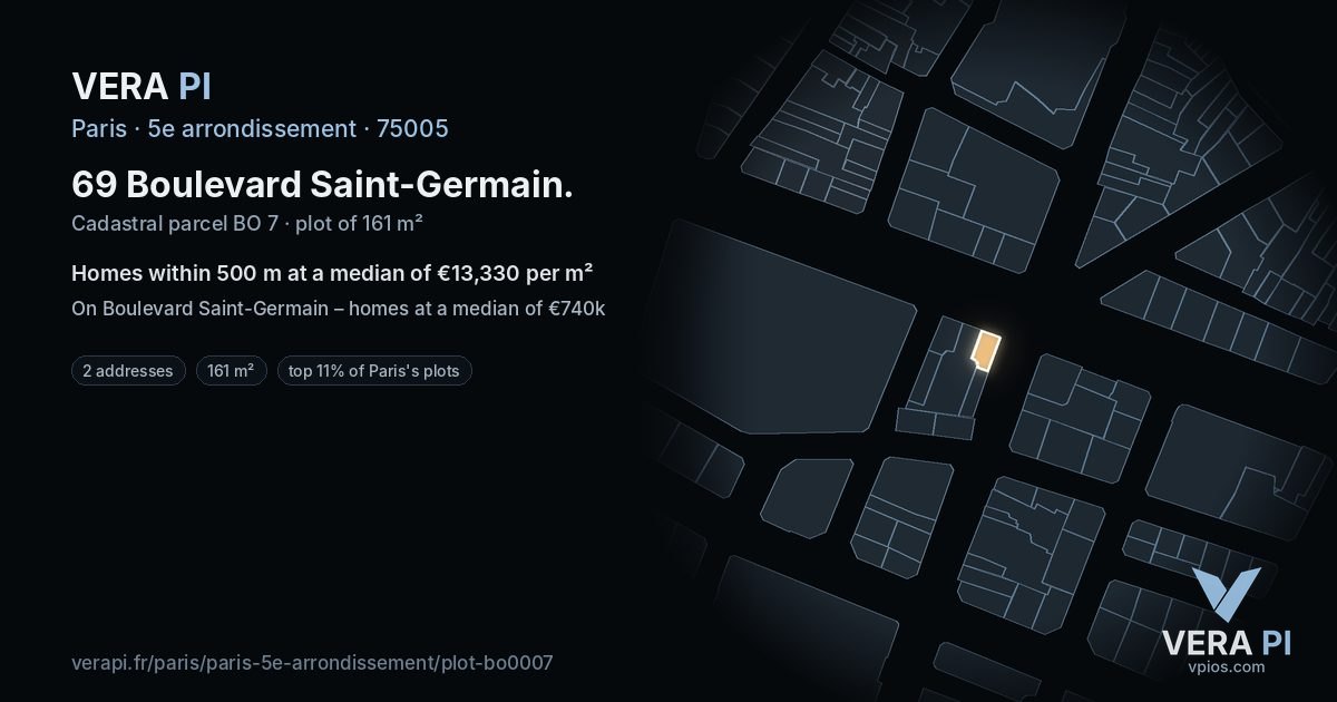 69 Boulevard Saint-Germain, 5e arrondissement at night – the plot lit, the parcels around coloured by the prices near them