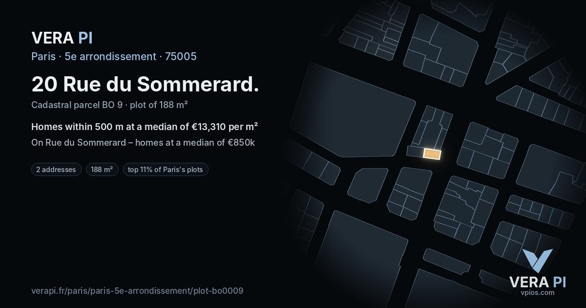 20 Rue du Sommerard, 5e arrondissement at night – the plot lit, the parcels around coloured by the prices near them