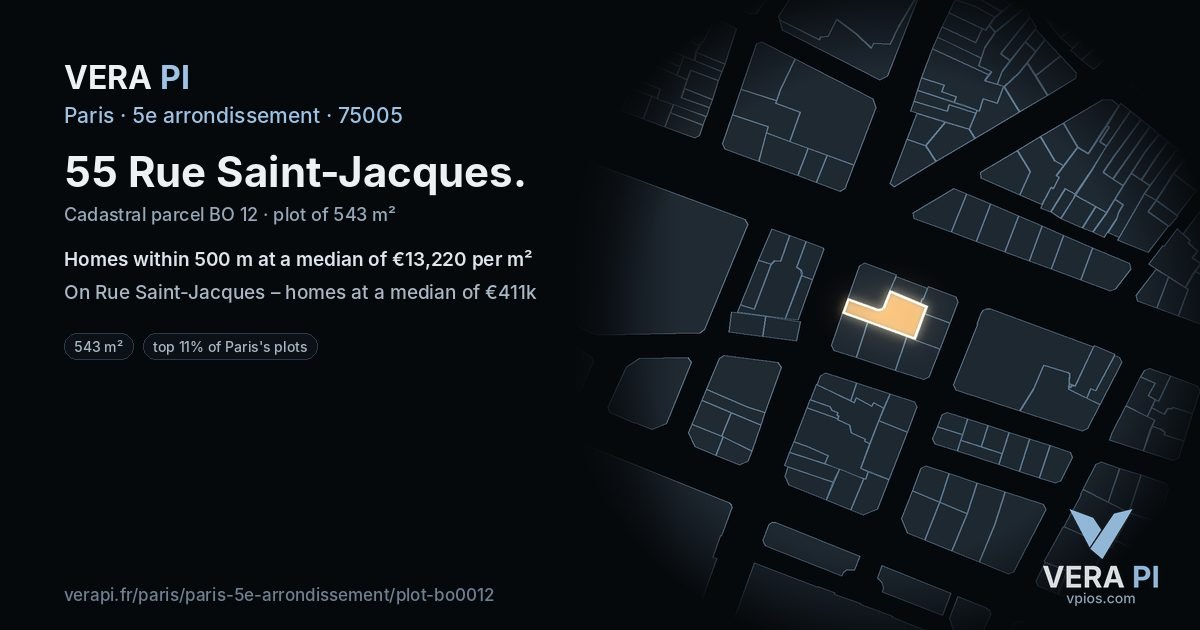 55 Rue Saint-Jacques, 5e arrondissement at night – the plot lit, the parcels around coloured by the prices near them
