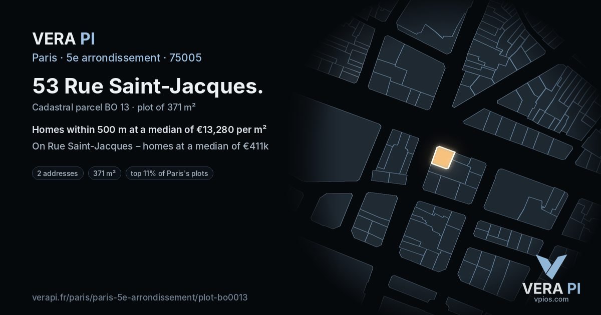 53 Rue Saint-Jacques, 5e arrondissement at night – the plot lit, the parcels around coloured by the prices near them