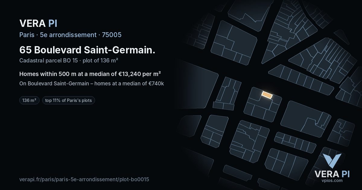 65 Boulevard Saint-Germain, 5e arrondissement at night – the plot lit, the parcels around coloured by the prices near them