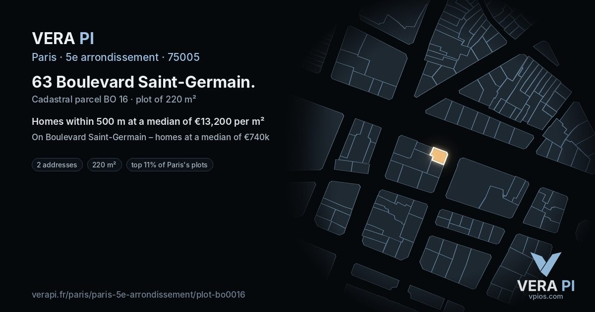 63 Boulevard Saint-Germain, 5e arrondissement at night – the plot lit, the parcels around coloured by the prices near them