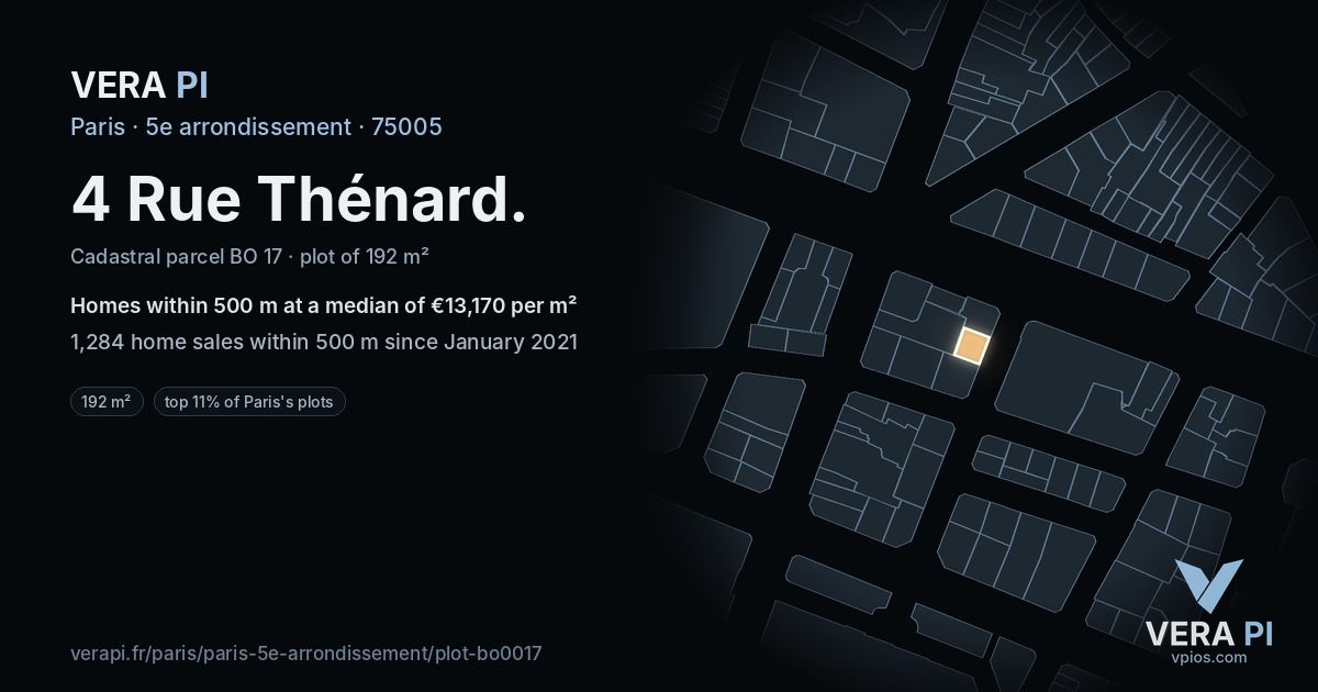 4 Rue Thénard, 5e arrondissement at night – the plot lit, the parcels around coloured by the prices near them