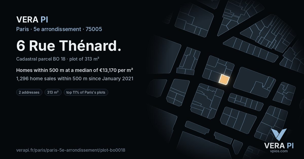 6 Rue Thénard, 5e arrondissement at night – the plot lit, the parcels around coloured by the prices near them