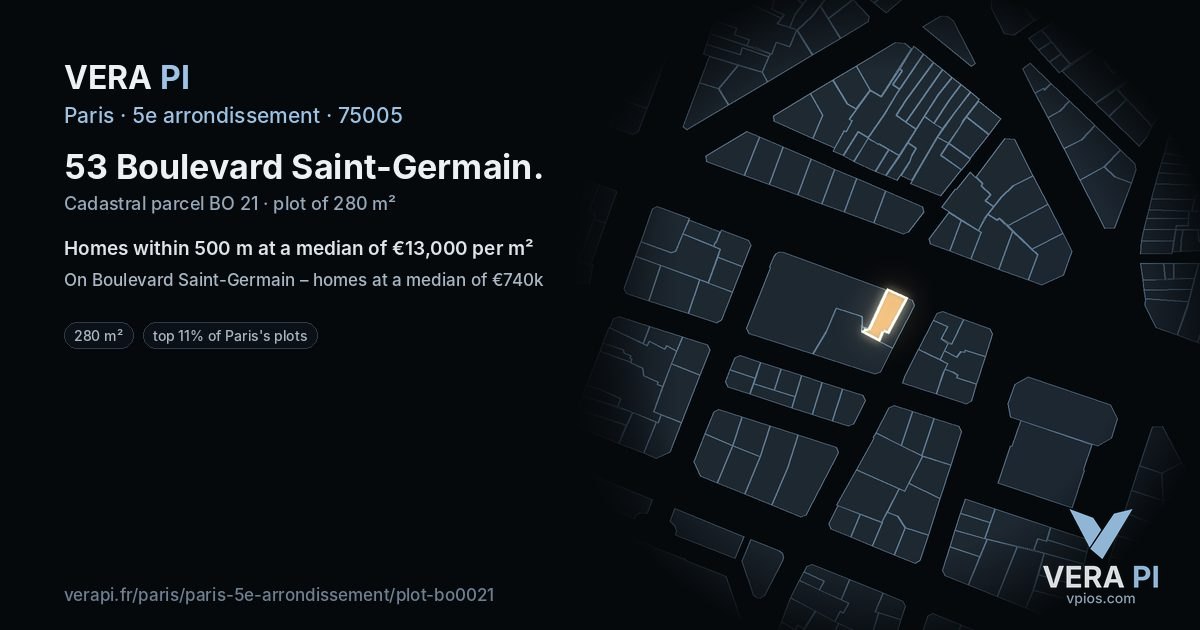 53 Boulevard Saint-Germain, 5e arrondissement at night – the plot lit, the parcels around coloured by the prices near them