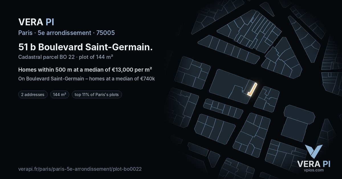 51 b Boulevard Saint-Germain, 5e arrondissement at night – the plot lit, the parcels around coloured by the prices near them