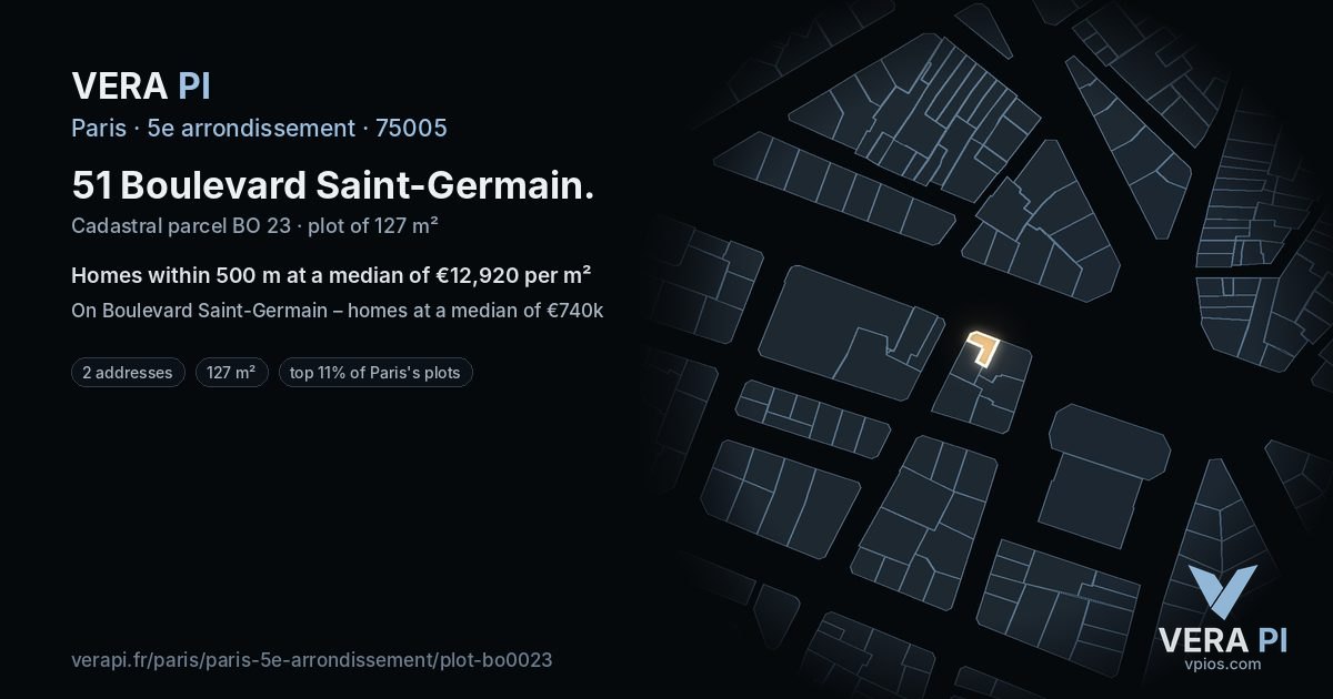 51 Boulevard Saint-Germain, 5e arrondissement at night – the plot lit, the parcels around coloured by the prices near them