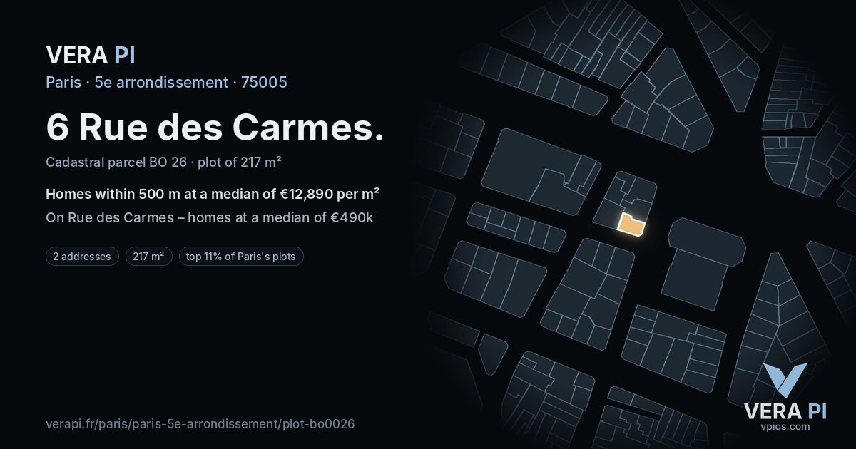 6 Rue des Carmes, 5e arrondissement at night – the plot lit, the parcels around coloured by the prices near them