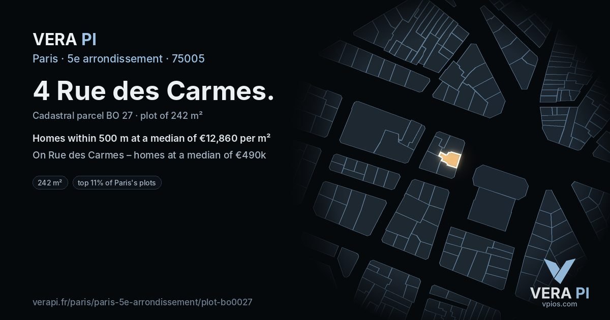 4 Rue des Carmes, 5e arrondissement at night – the plot lit, the parcels around coloured by the prices near them
