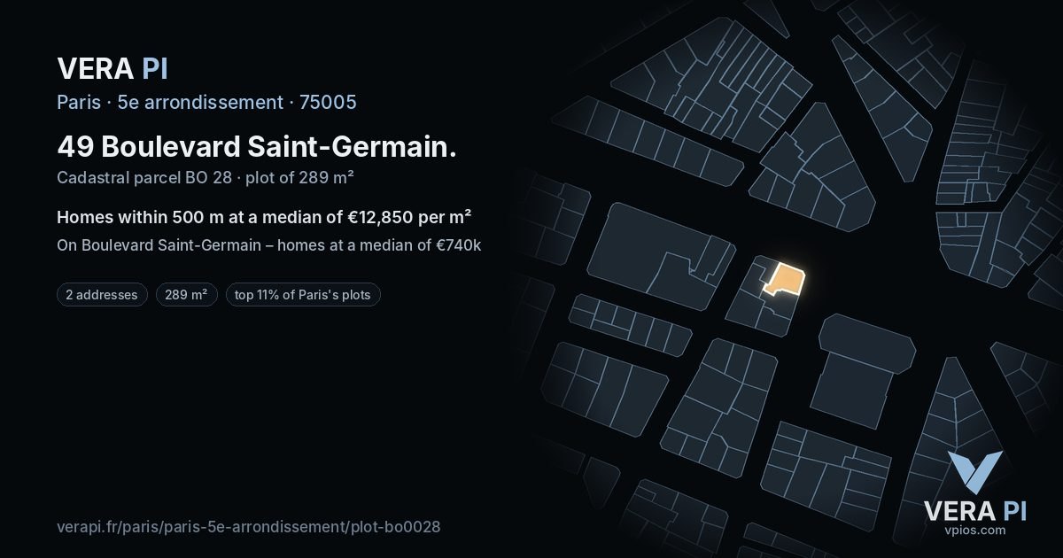 49 Boulevard Saint-Germain, 5e arrondissement at night – the plot lit, the parcels around coloured by the prices near them