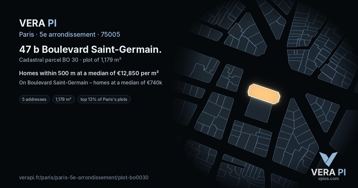 47 b Boulevard Saint-Germain, 5e arrondissement at night – the plot lit, the parcels around coloured by the prices near them