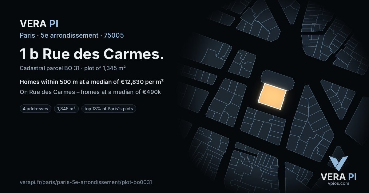 1 b Rue des Carmes, 5e arrondissement at night – the plot lit, the parcels around coloured by the prices near them
