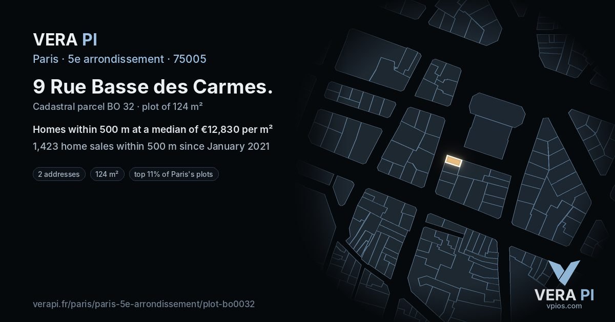 9 Rue Basse des Carmes, 5e arrondissement at night – the plot lit, the parcels around coloured by the prices near them