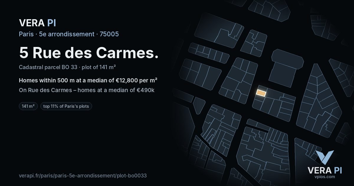 5 Rue des Carmes, 5e arrondissement at night – the plot lit, the parcels around coloured by the prices near them