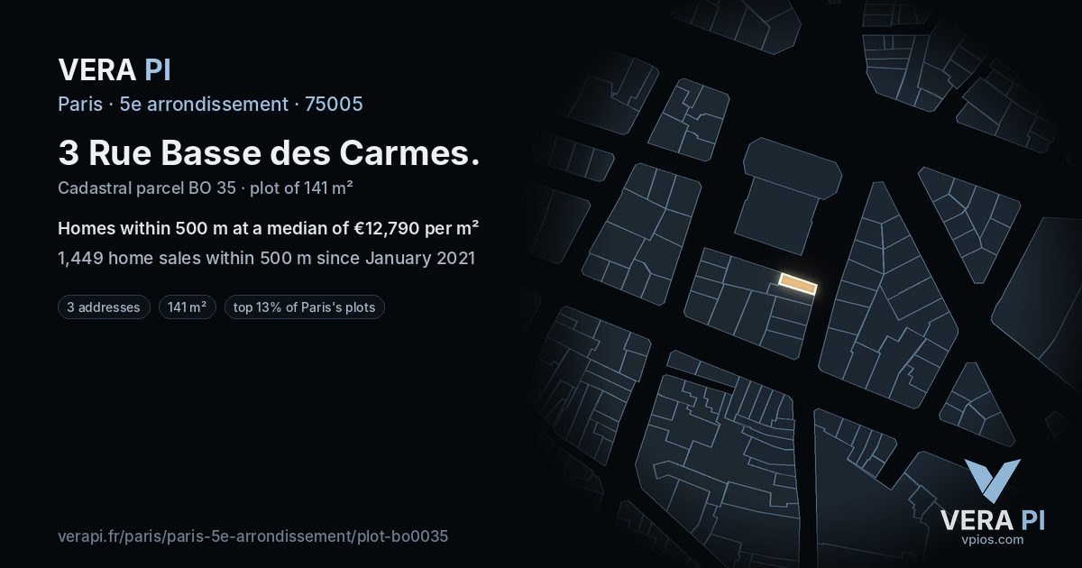 3 Rue Basse des Carmes, 5e arrondissement at night – the plot lit, the parcels around coloured by the prices near them