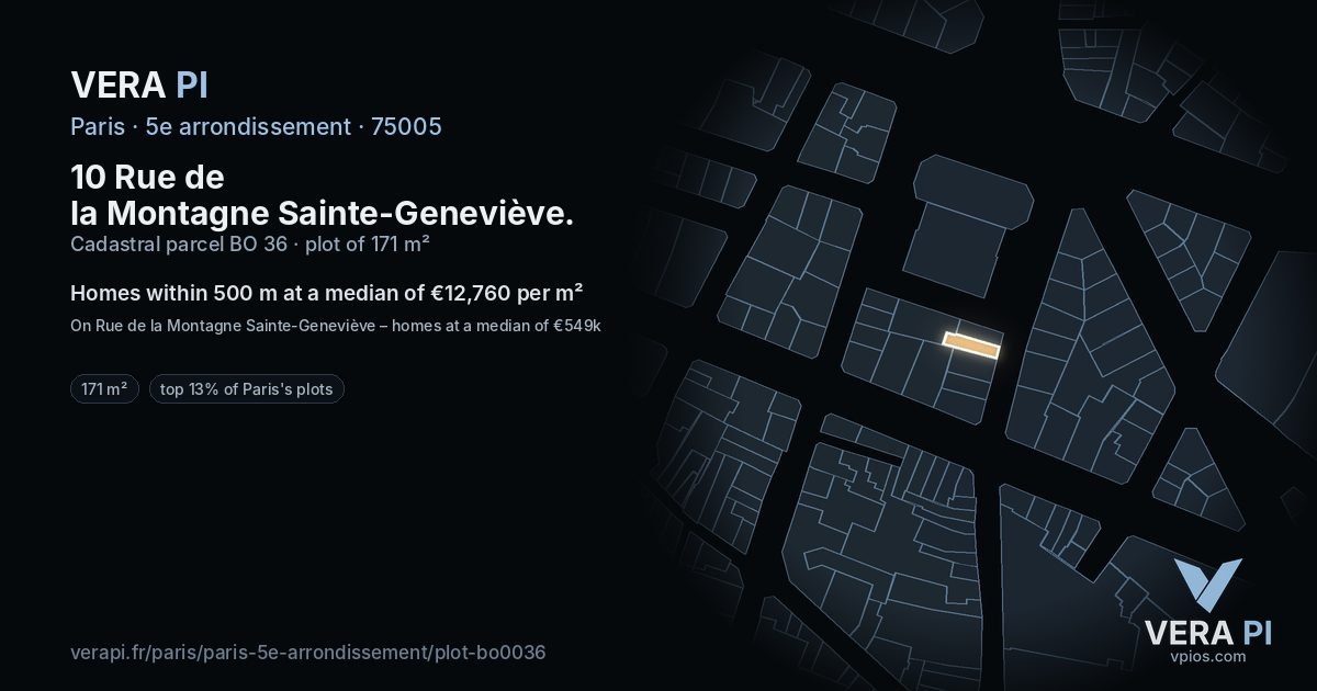 10 Rue de la Montagne Sainte-Geneviève, 5e arrondissement at night – the plot lit, the parcels around coloured by the prices near them