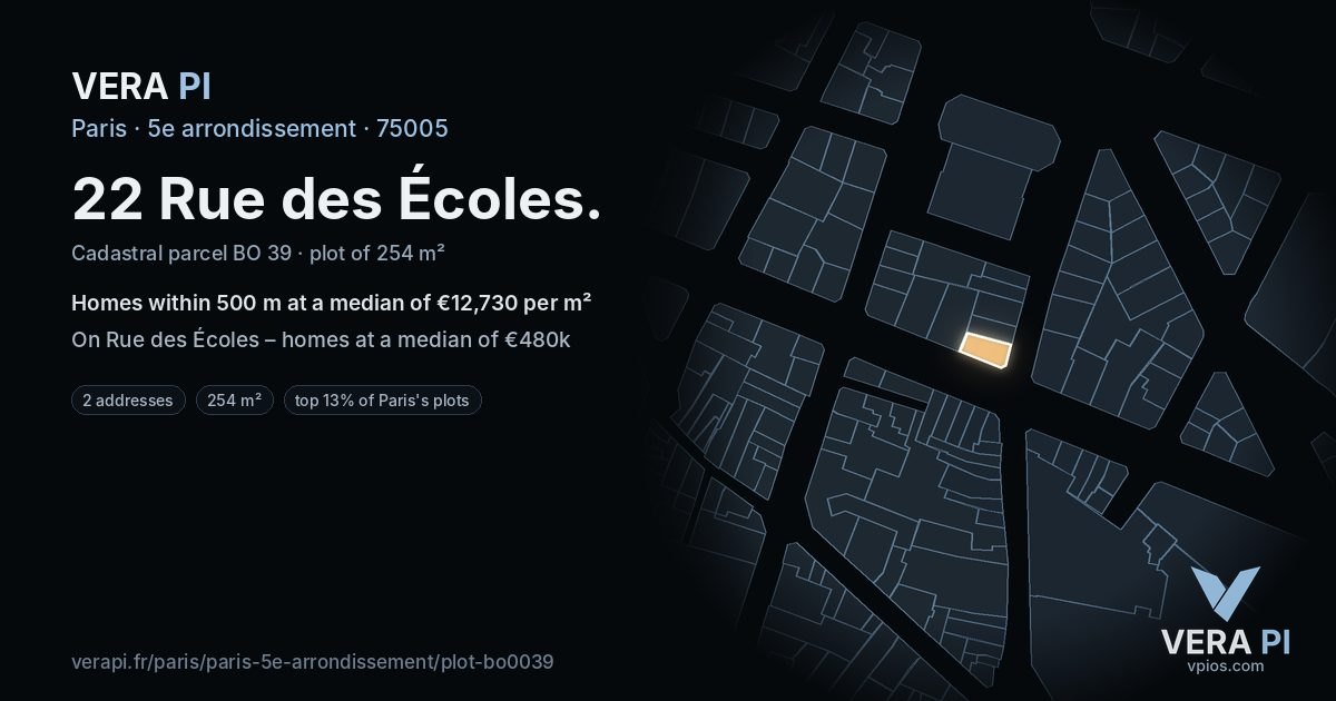 22 Rue des Écoles, 5e arrondissement at night – the plot lit, the parcels around coloured by the prices near them