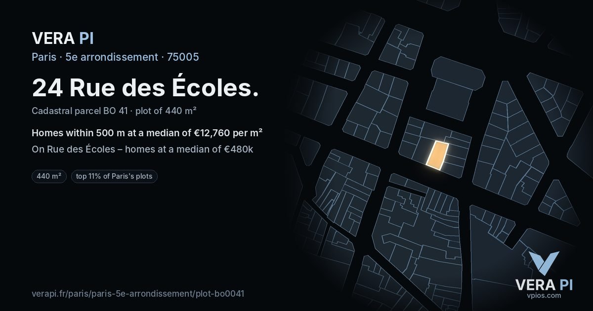 24 Rue des Écoles, 5e arrondissement at night – the plot lit, the parcels around coloured by the prices near them