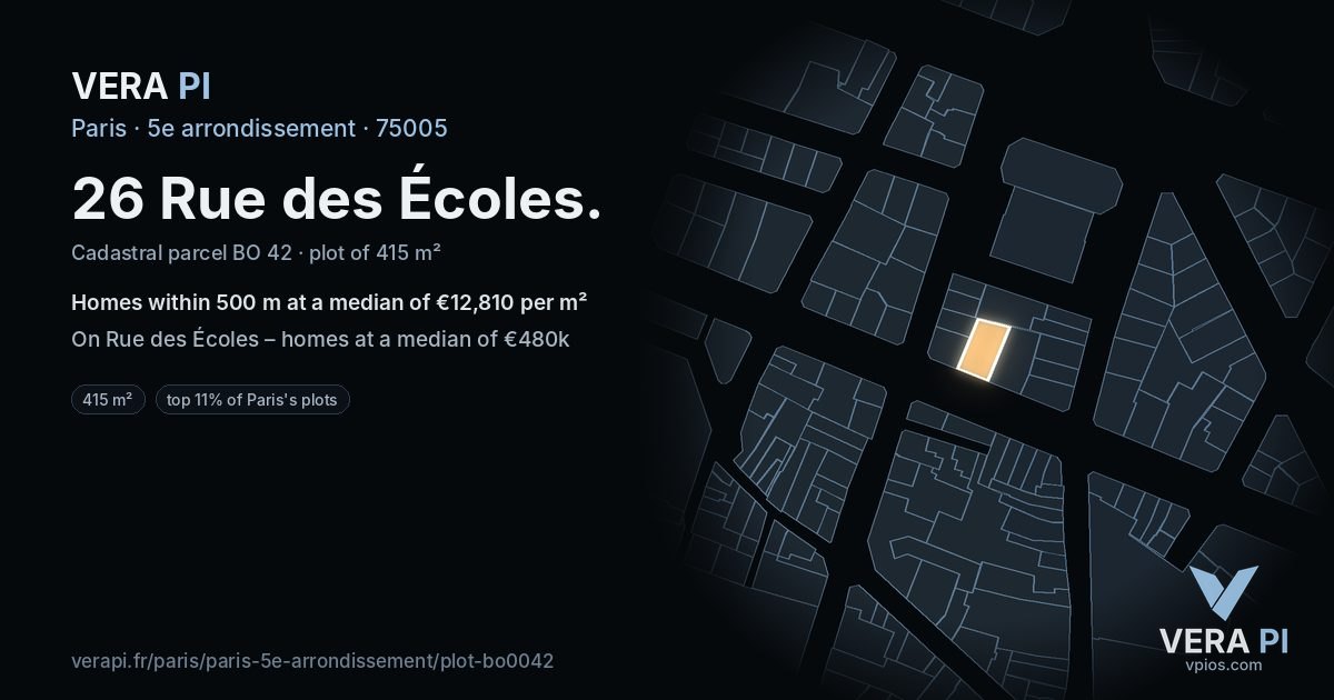26 Rue des Écoles, 5e arrondissement at night – the plot lit, the parcels around coloured by the prices near them