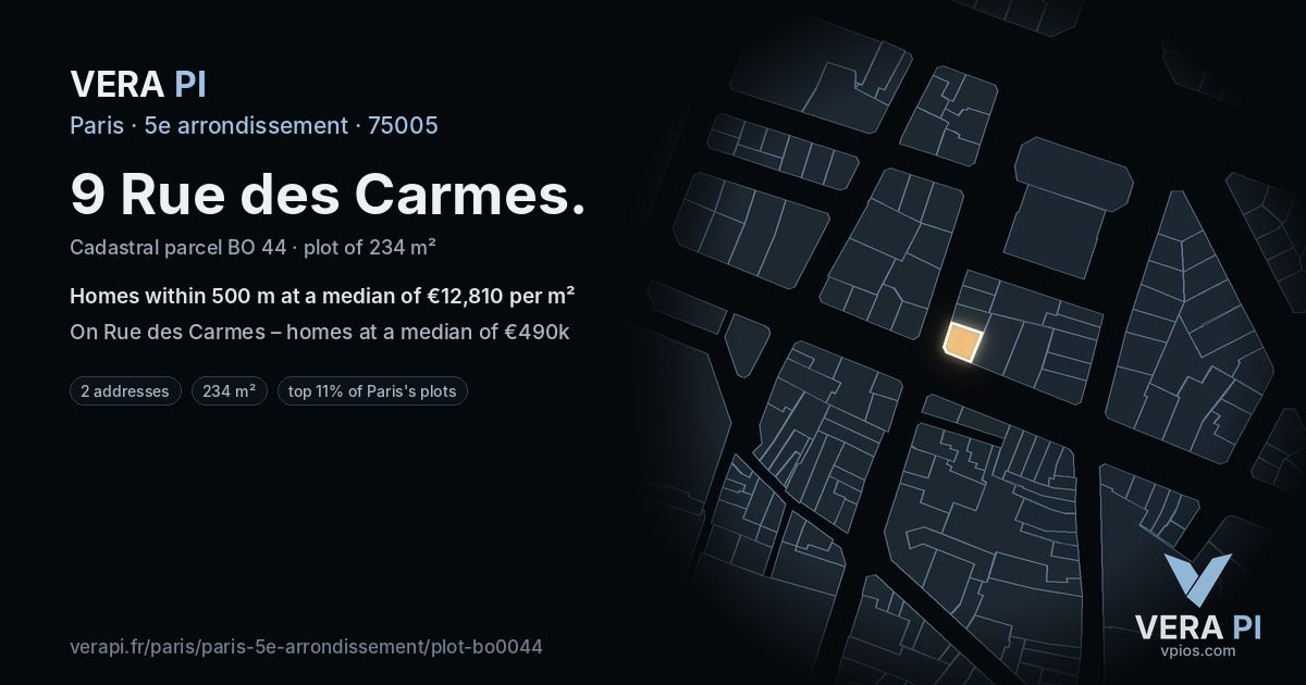 9 Rue des Carmes, 5e arrondissement at night – the plot lit, the parcels around coloured by the prices near them