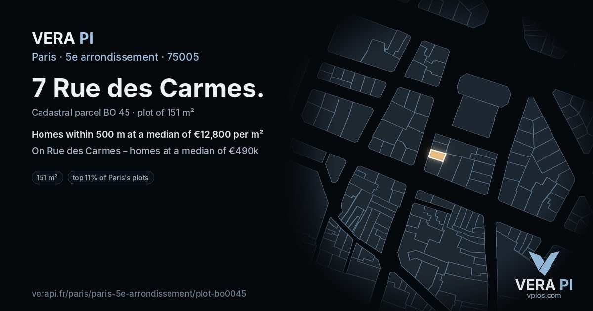 7 Rue des Carmes, 5e arrondissement at night – the plot lit, the parcels around coloured by the prices near them