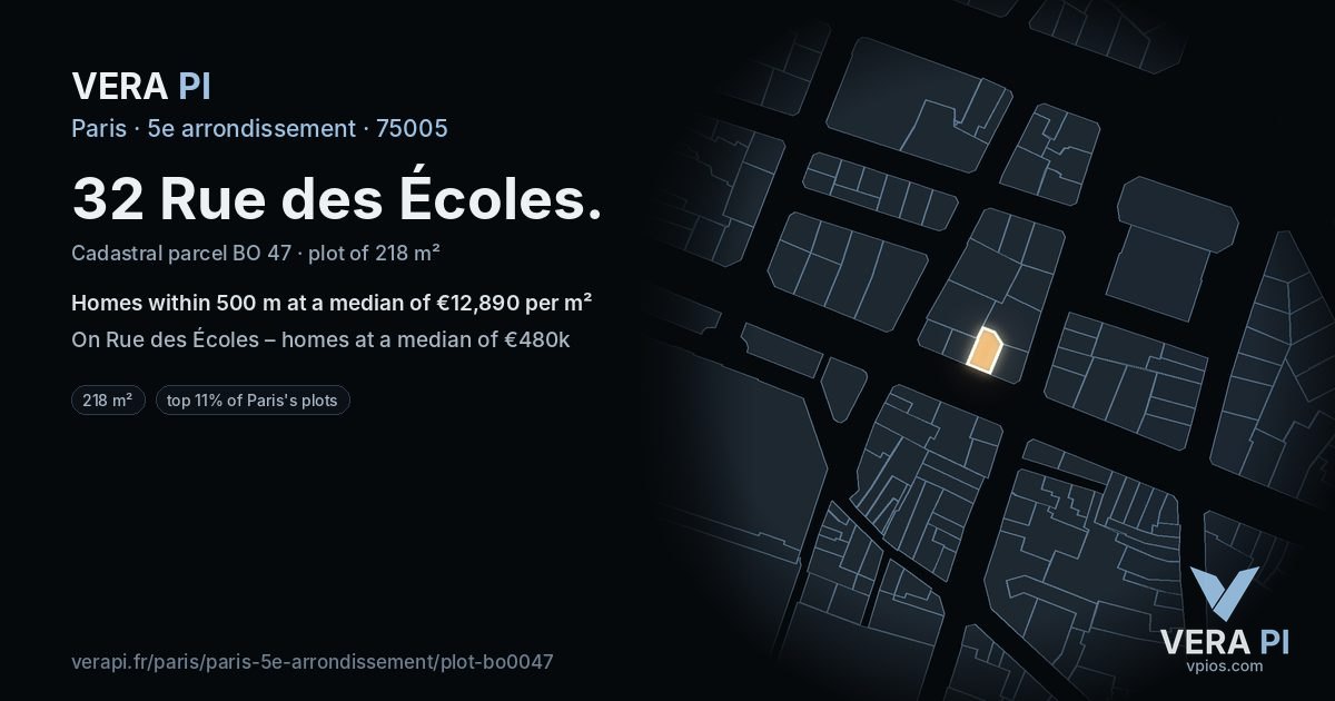 32 Rue des Écoles, 5e arrondissement at night – the plot lit, the parcels around coloured by the prices near them