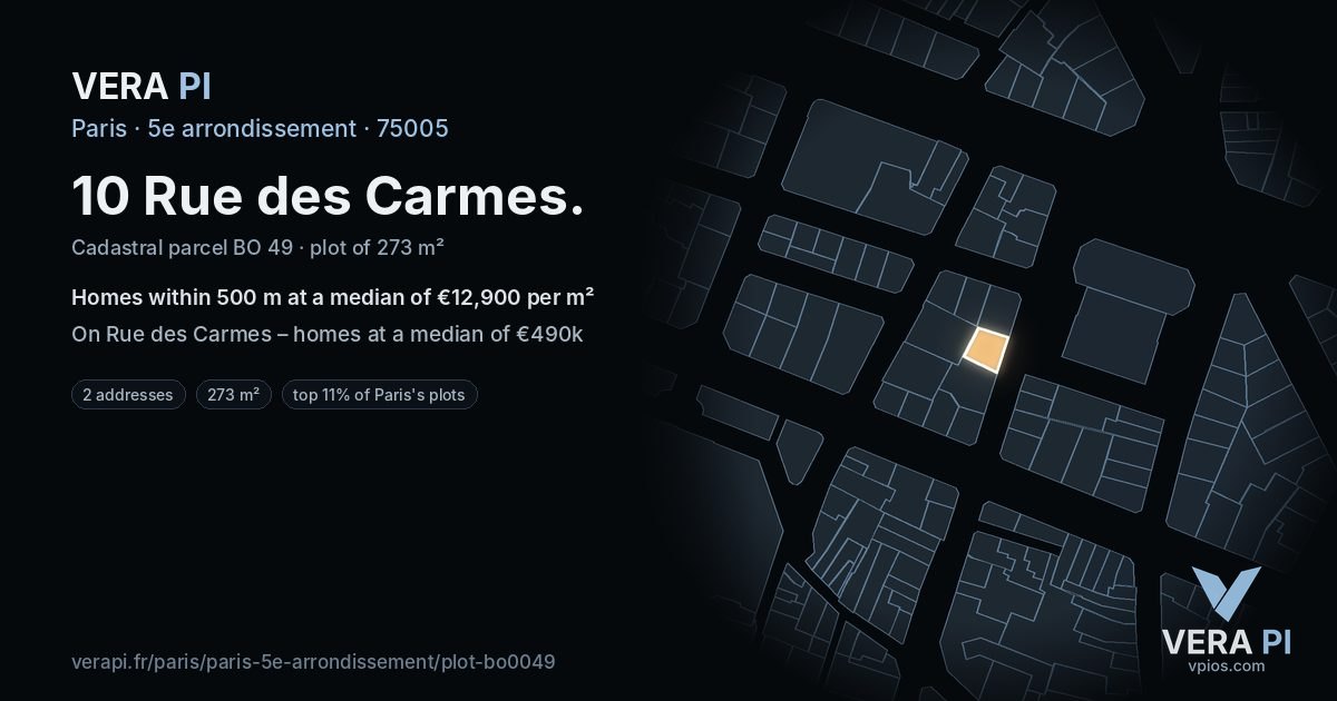 10 Rue des Carmes, 5e arrondissement at night – the plot lit, the parcels around coloured by the prices near them