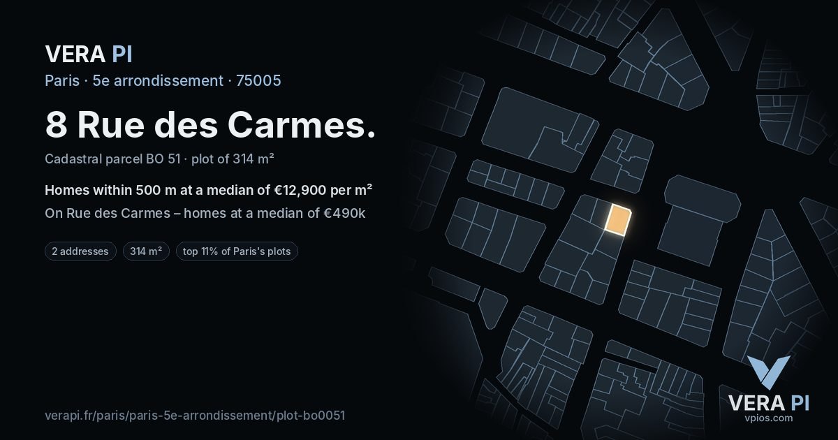 8 Rue des Carmes, 5e arrondissement at night – the plot lit, the parcels around coloured by the prices near them