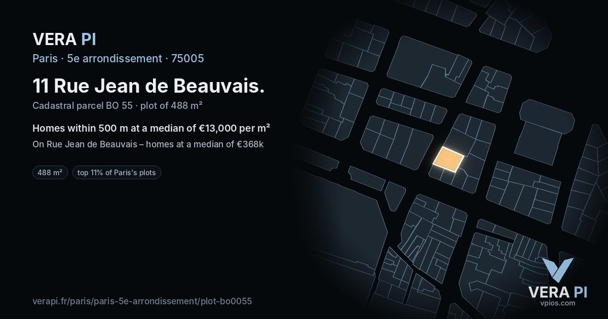 11 Rue Jean de Beauvais, 5e arrondissement at night – the plot lit, the parcels around coloured by the prices near them