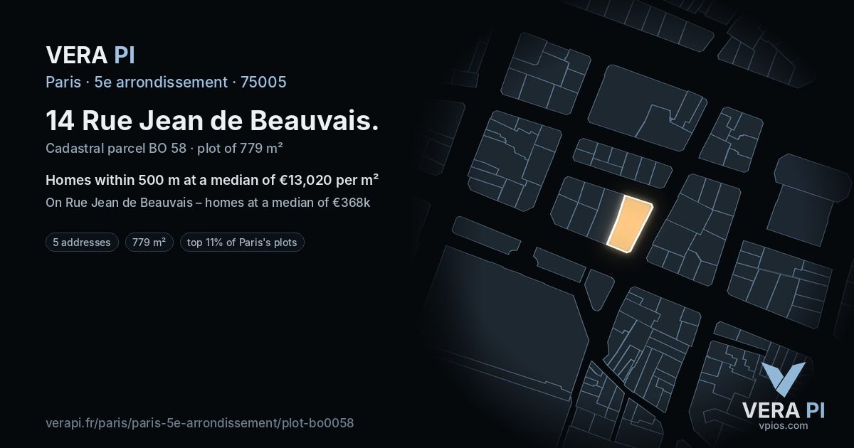 14 Rue Jean de Beauvais, 5e arrondissement at night – the plot lit, the parcels around coloured by the prices near them
