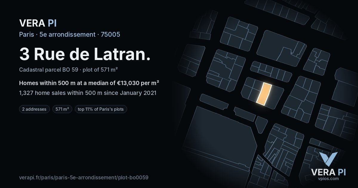 3 Rue de Latran, 5e arrondissement at night – the plot lit, the parcels around coloured by the prices near them