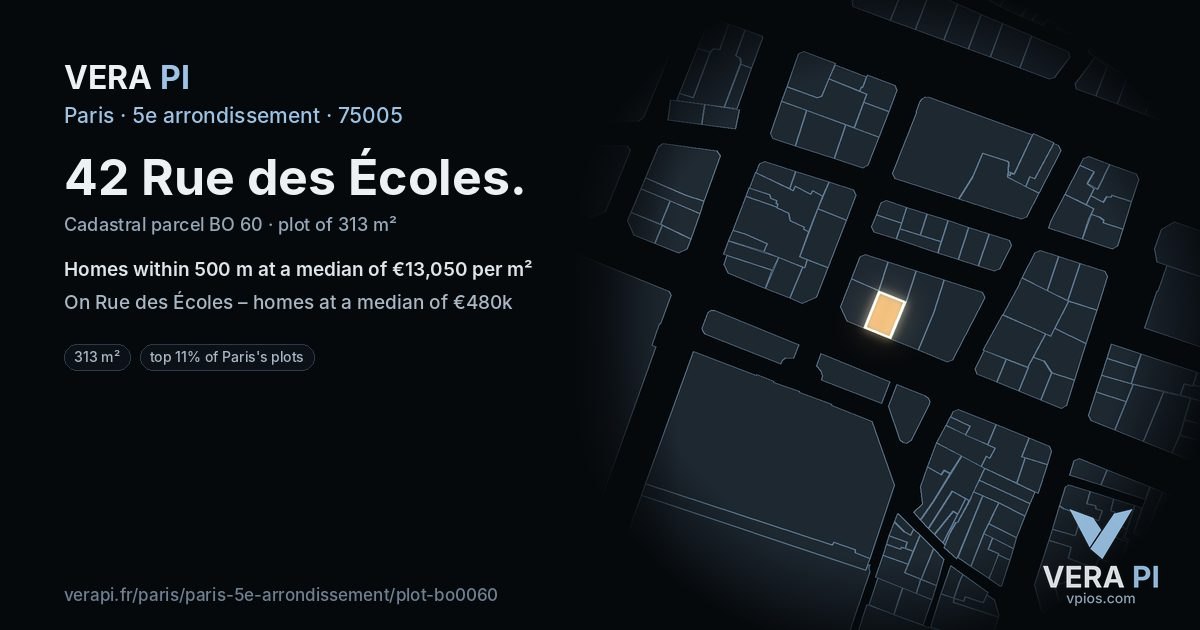 42 Rue des Écoles, 5e arrondissement at night – the plot lit, the parcels around coloured by the prices near them