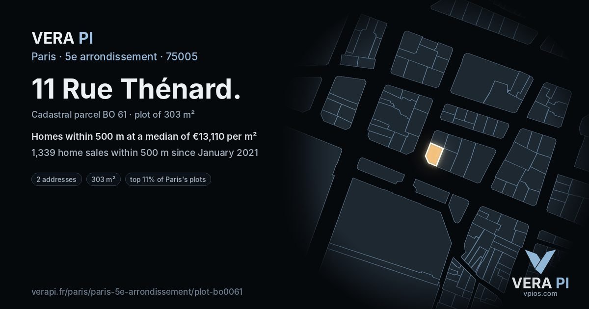11 Rue Thénard, 5e arrondissement at night – the plot lit, the parcels around coloured by the prices near them