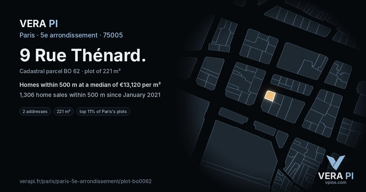 9 Rue Thénard, 5e arrondissement at night – the plot lit, the parcels around coloured by the prices near them