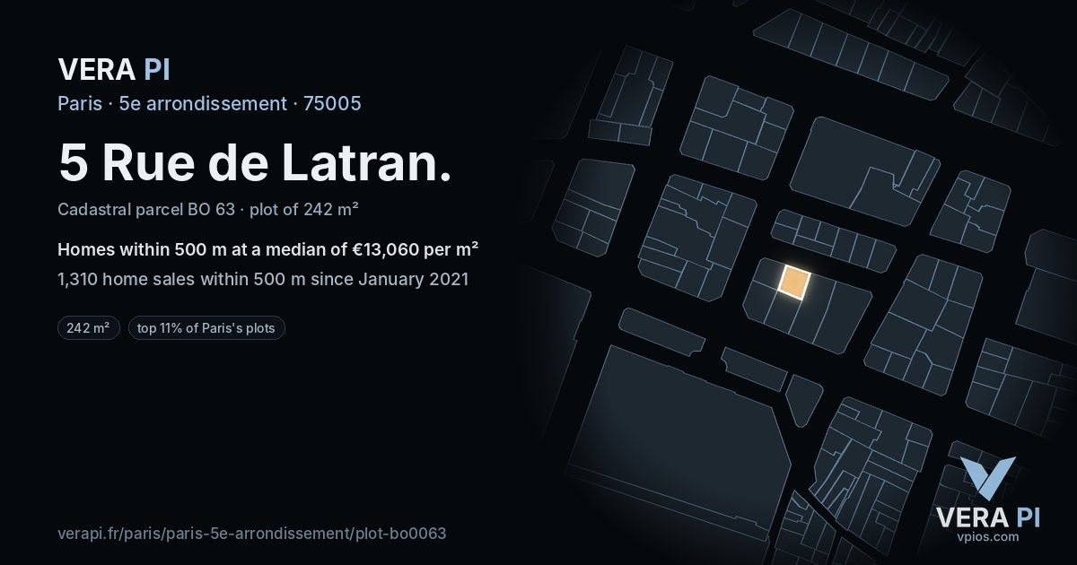 5 Rue de Latran, 5e arrondissement at night – the plot lit, the parcels around coloured by the prices near them