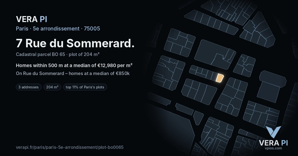 7 Rue du Sommerard, 5e arrondissement at night – the plot lit, the parcels around coloured by the prices near them