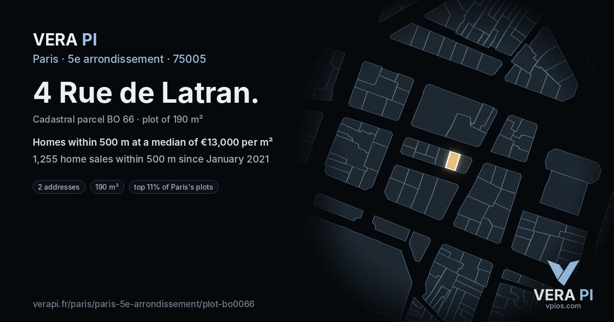 4 Rue de Latran, 5e arrondissement at night – the plot lit, the parcels around coloured by the prices near them
