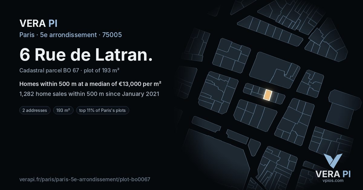 6 Rue de Latran, 5e arrondissement at night – the plot lit, the parcels around coloured by the prices near them