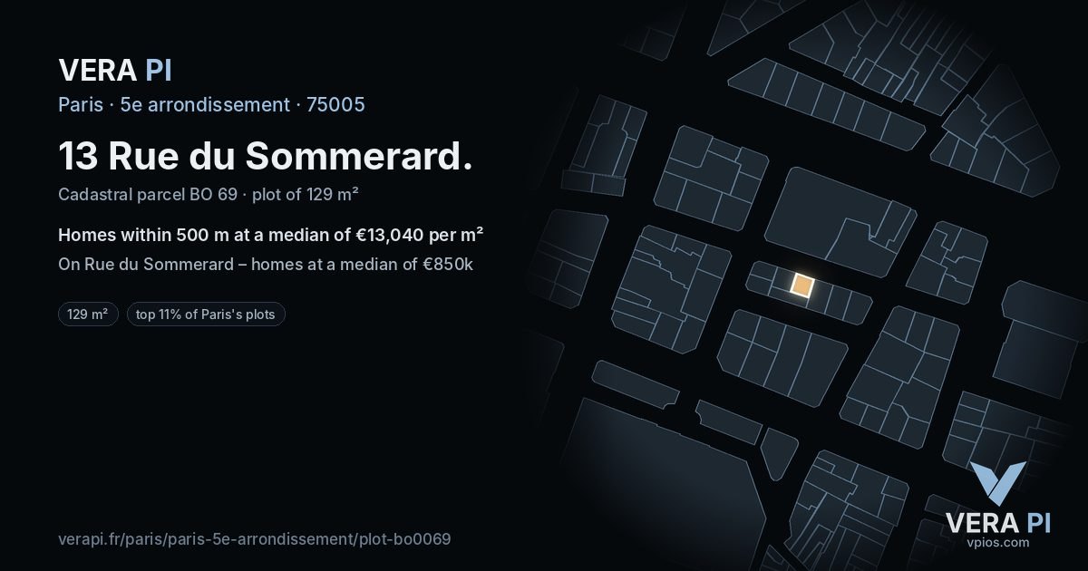 13 Rue du Sommerard, 5e arrondissement at night – the plot lit, the parcels around coloured by the prices near them