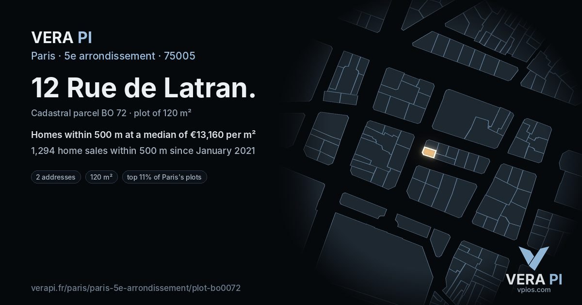 12 Rue de Latran, 5e arrondissement at night – the plot lit, the parcels around coloured by the prices near them
