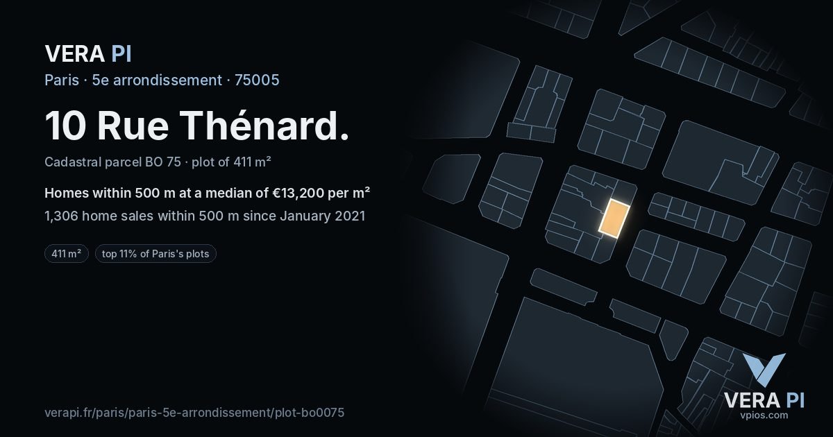 10 Rue Thénard, 5e arrondissement at night – the plot lit, the parcels around coloured by the prices near them