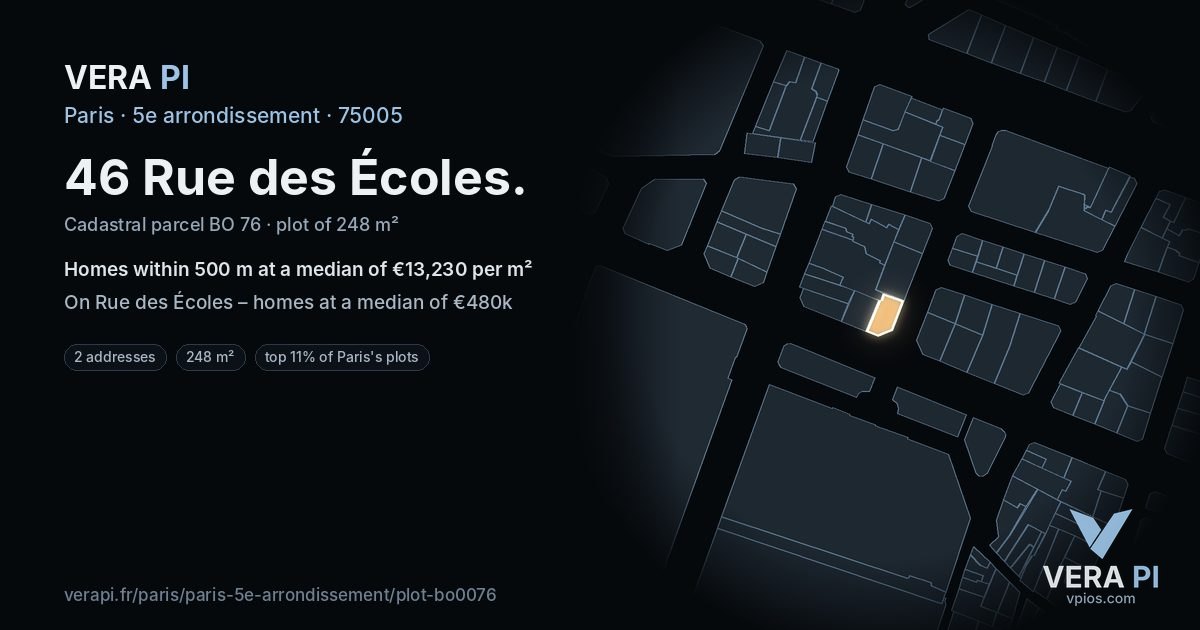 46 Rue des Écoles, 5e arrondissement at night – the plot lit, the parcels around coloured by the prices near them