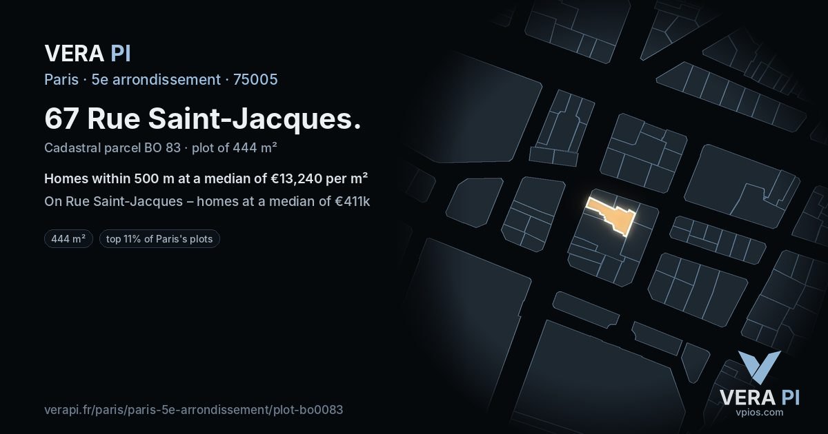67 Rue Saint-Jacques, 5e arrondissement at night – the plot lit, the parcels around coloured by the prices near them