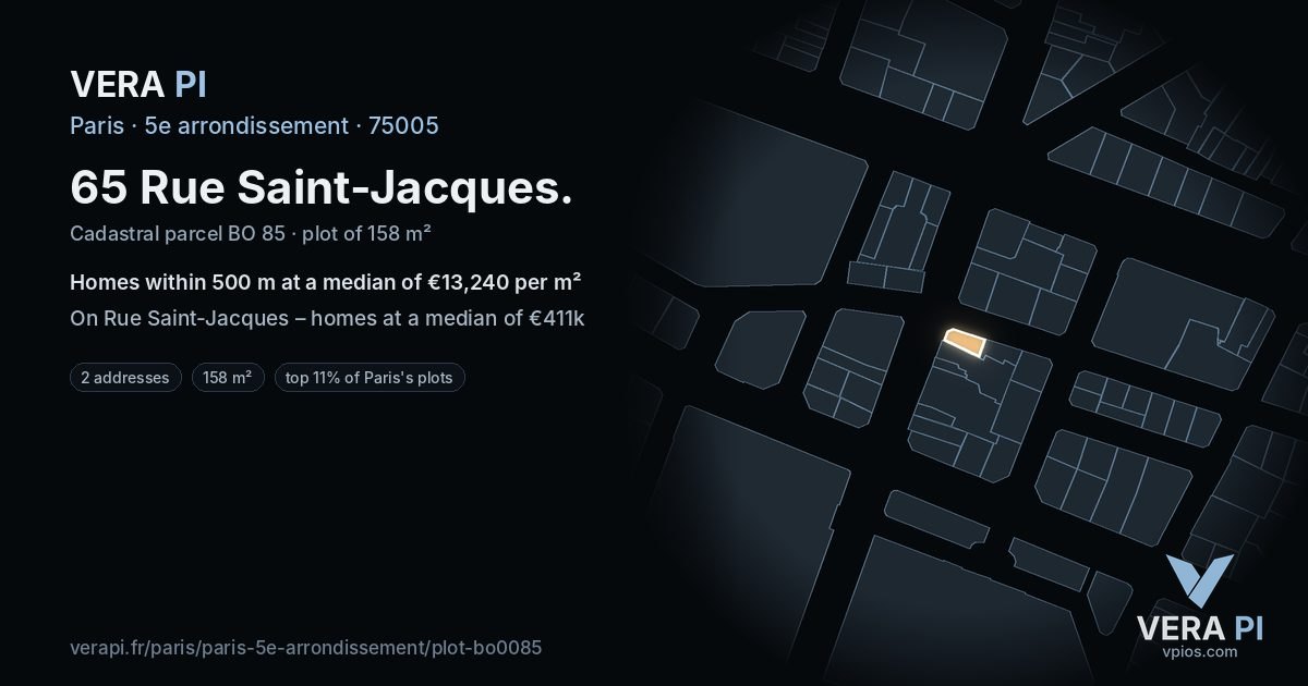 65 Rue Saint-Jacques, 5e arrondissement at night – the plot lit, the parcels around coloured by the prices near them