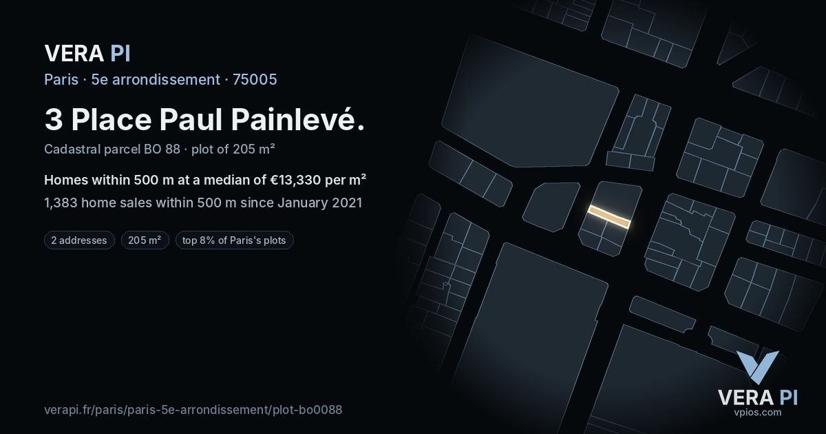 3 Place Paul Painlevé, 5e arrondissement at night – the plot lit, the parcels around coloured by the prices near them