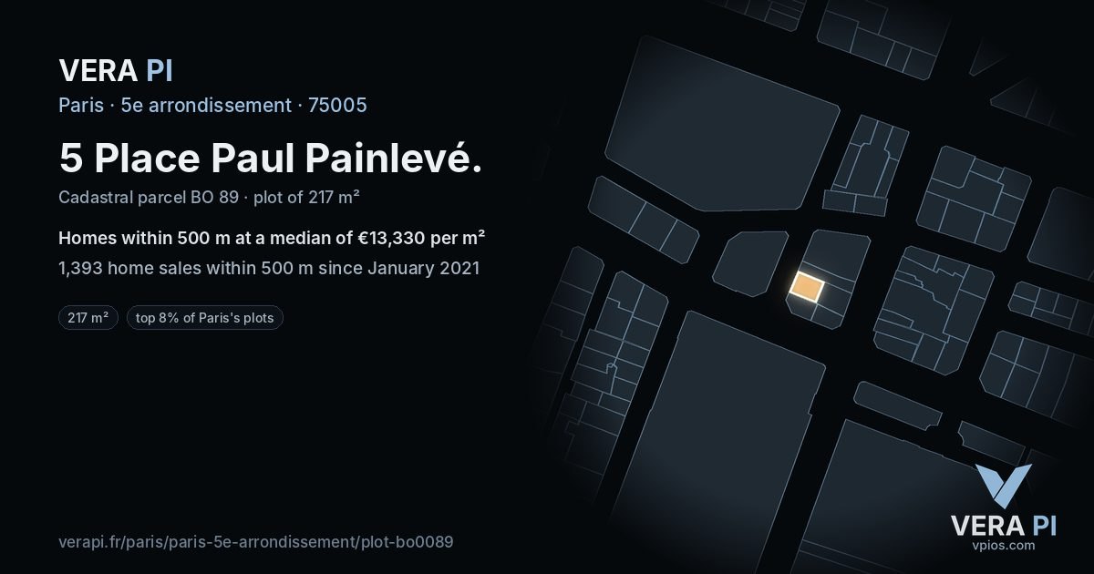 5 Place Paul Painlevé, 5e arrondissement at night – the plot lit, the parcels around coloured by the prices near them