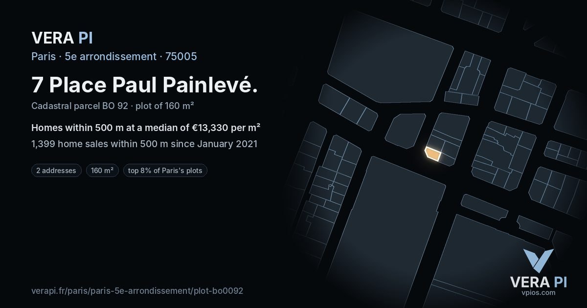7 Place Paul Painlevé, 5e arrondissement at night – the plot lit, the parcels around coloured by the prices near them